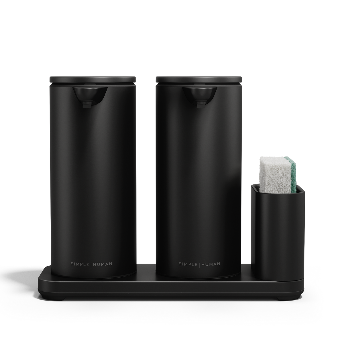 Simplehuman Matte Black Dual Sensor Pump 14 oz. with integrated caddy holding a sponge, touch-free and rechargeable.
