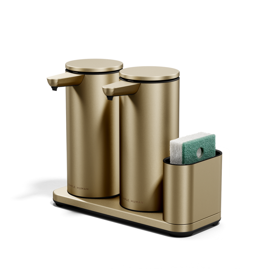 Three-quarter view of Simplehuman Brushed Brass Dual Sensor Pump 14 oz. with sponge caddy, twin rechargeable sensors.