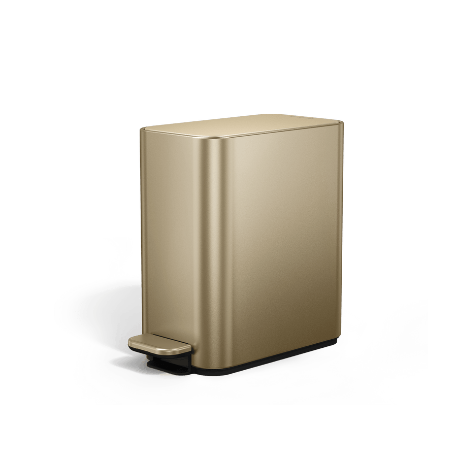Simplehuman 5L Slim Step Can in Brass, space-saving slim profile, hands-free foot pedal.