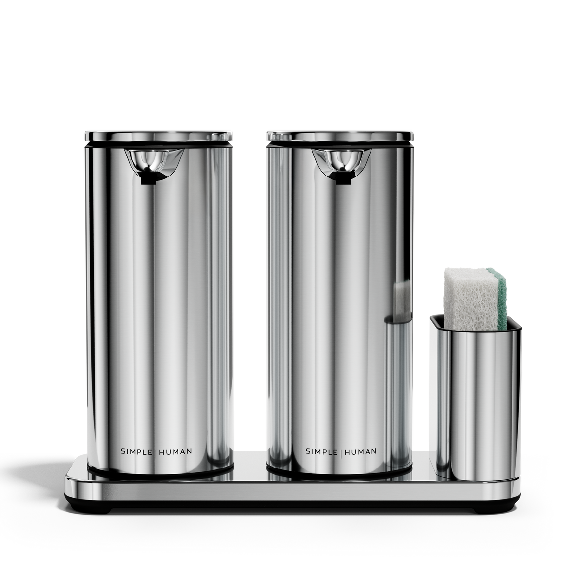 Studio view: Simplehuman Polished Stainless Steel Dual Sensor Pump 14 oz. with Caddy, twin rechargeable hands-free dispensing.