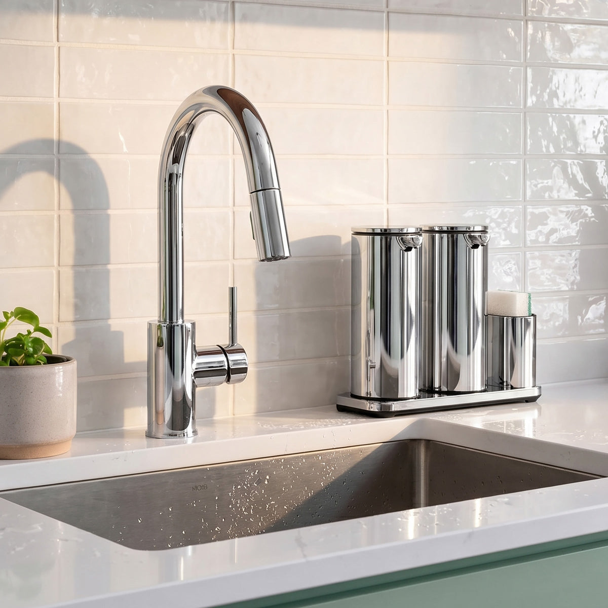 Simplehuman's Dual 14 oz. Sensor Pump in Polished in a modern kitchen setting with marble counter top.