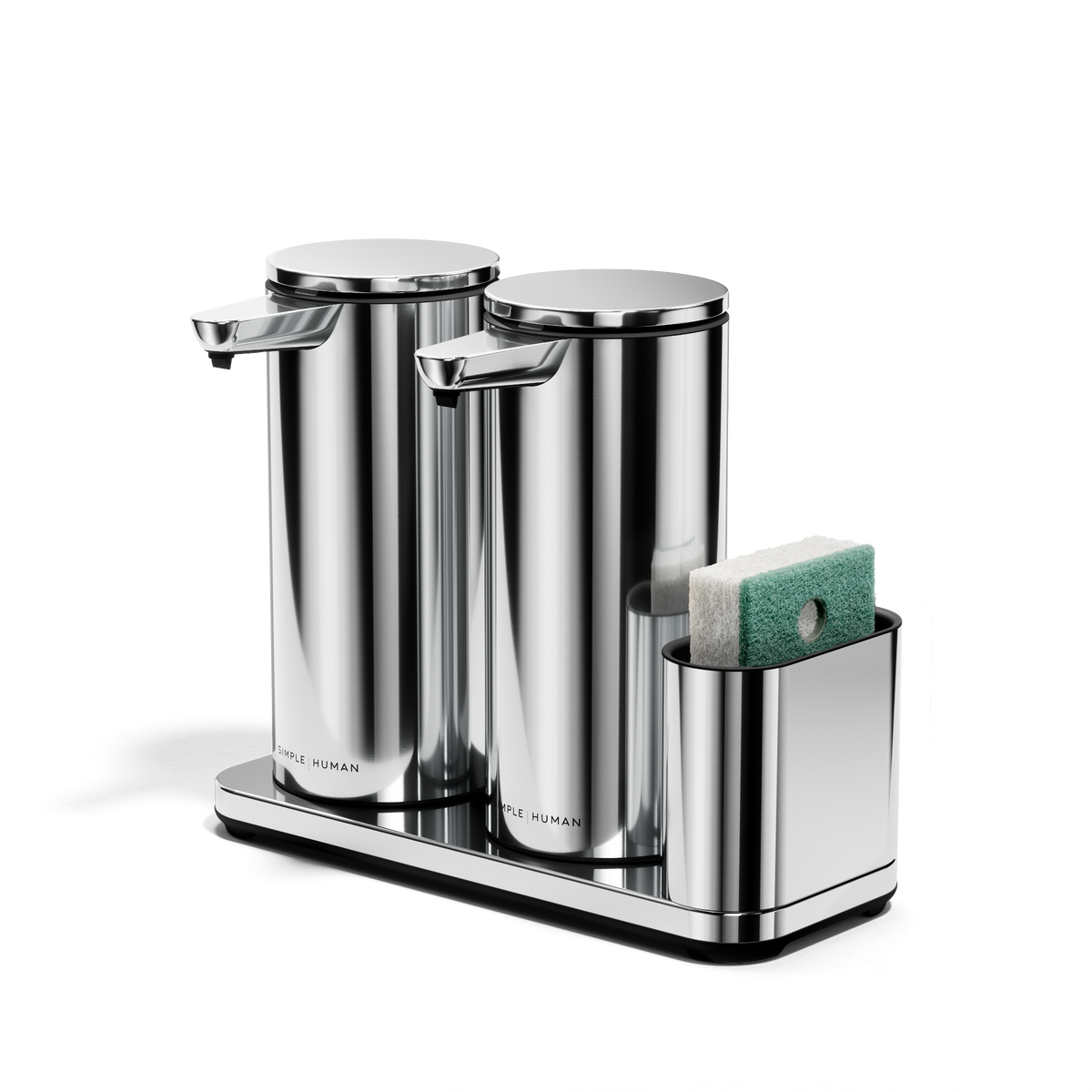 Simplehuman Dual Sensor Pump 14 oz + Caddy in Polished Stainless Steel. Angled view of touch-free soap dispensers with sponge holder.