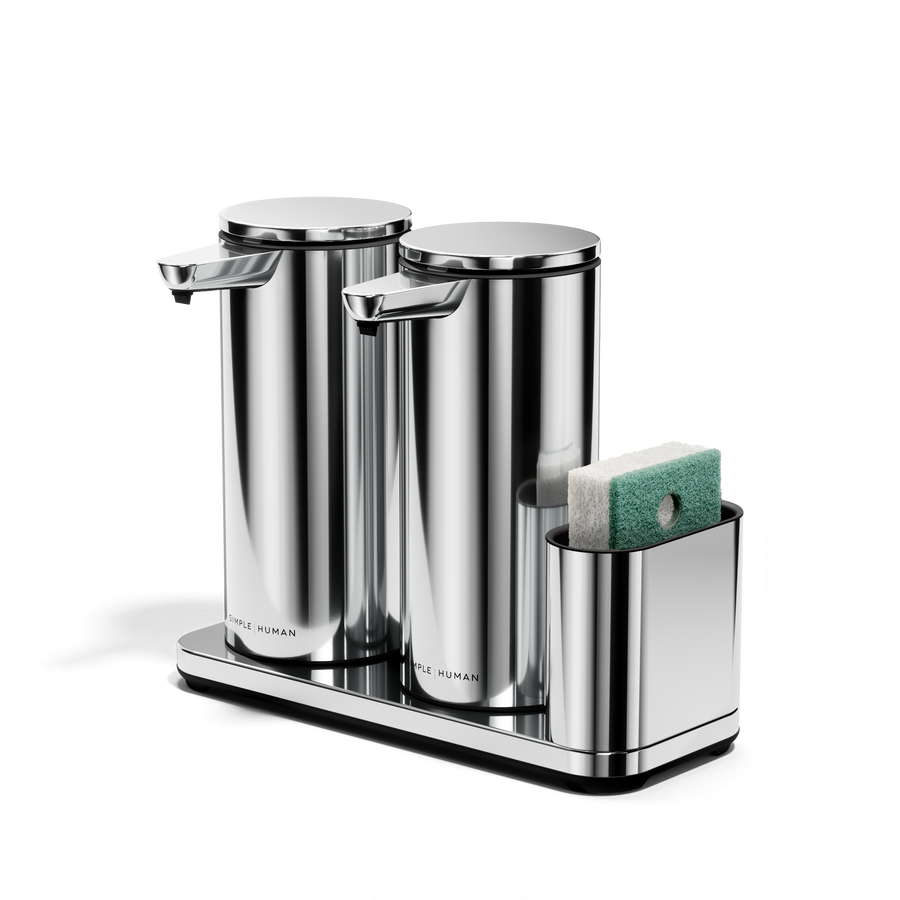 Simplehuman Dual Sensor Pump 14 oz + Caddy in Polished Stainless Steel. Angled view of touch-free soap dispensers with sponge holder.