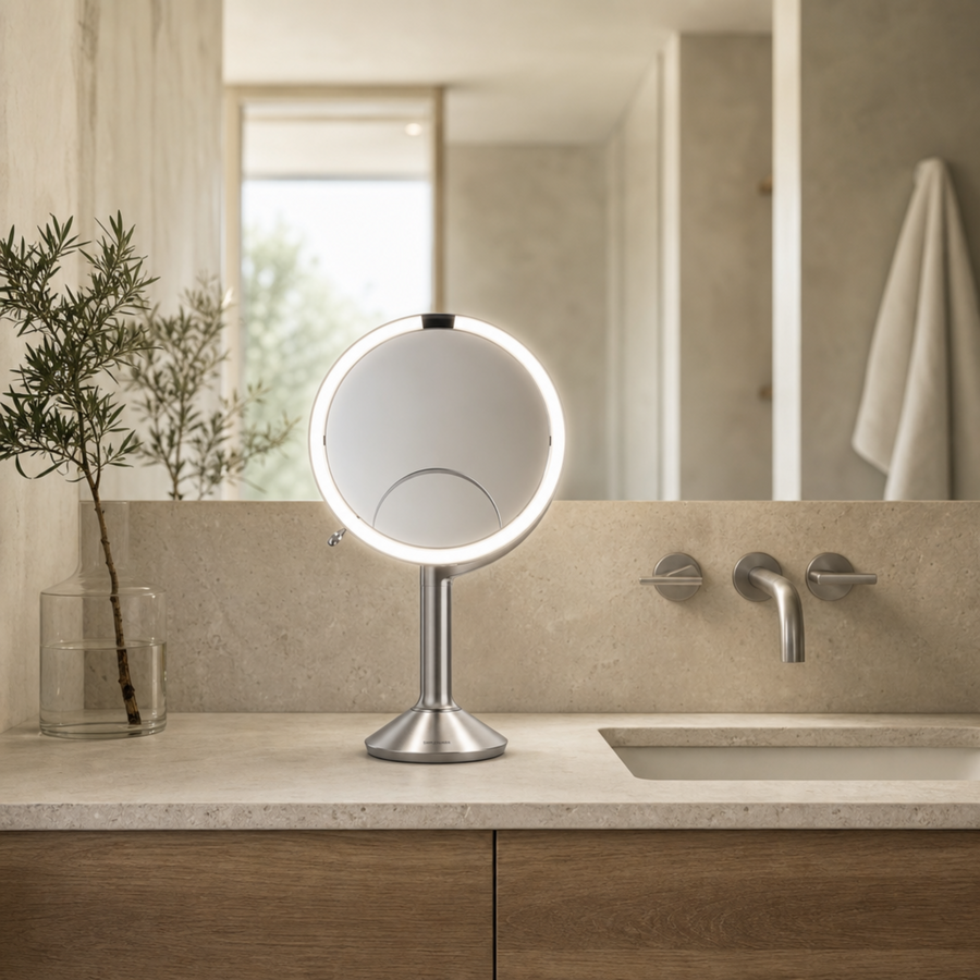 Simplehuman's Sensor Mirror Trio in a modern bathroom setting. 