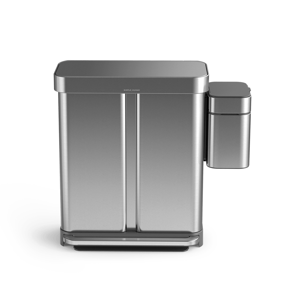 Simplehuman Brushed Stainless Steel Shredder and dual step can, hands-free foot pedal operation.
