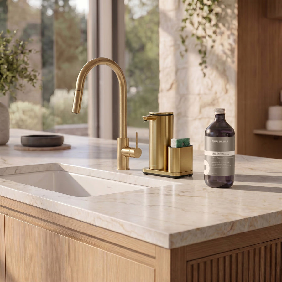Simplehuman's Liquid Sensor Pump with Caddy with Liquid Dish Soap Refill Bottle. 