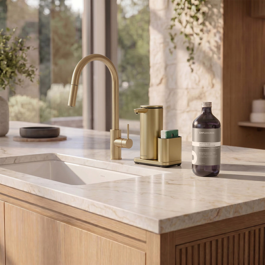 Simplehuman's Liquid Sensor Pump with Caddy with Liquid Dish Soap Refill Bottle. 