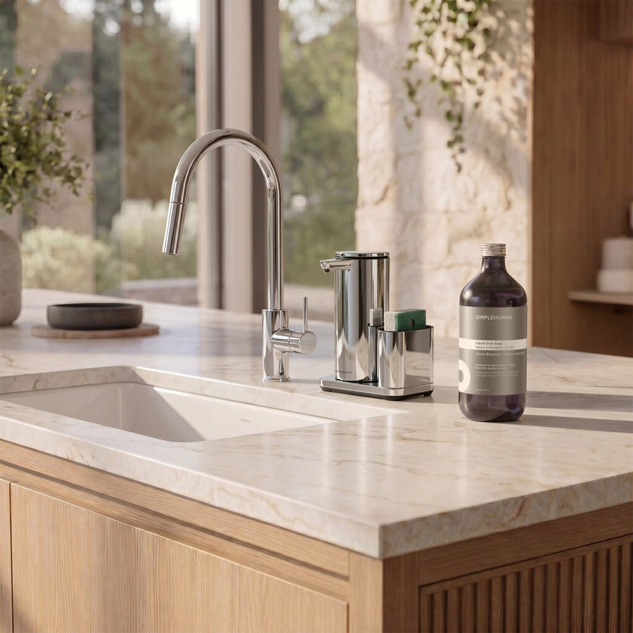 Simplehuman's Liquid Sensor Pump with Caddy with Liquid Dish Soap Refill Bottle. 