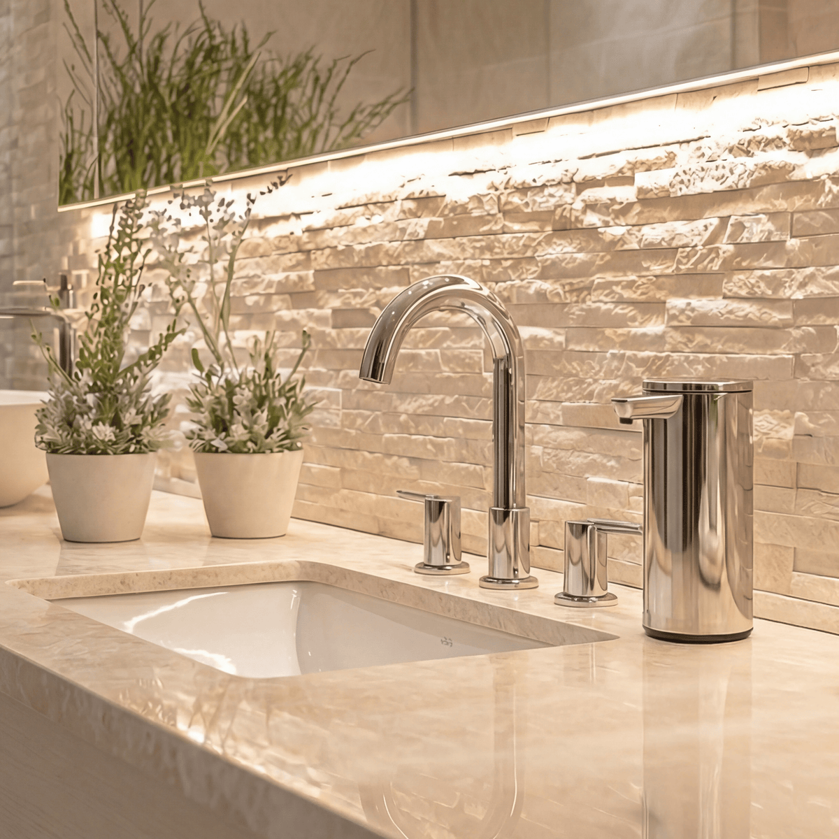 Simplehuman's 9 oz. Liquid Sensor Pump in Polished in a modern bathroom setting with marble countertop and polished appliances. 
