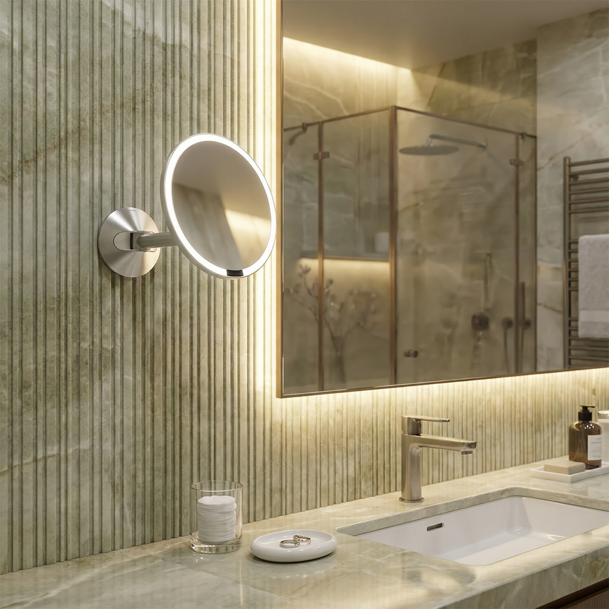 Simplehuman's Sensor Mirror Wall Mount in a modern bathroom setting with brighter lighting.