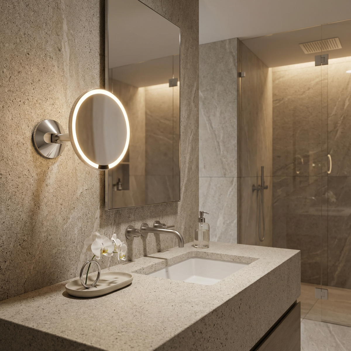 Simplehuman's Sensor Mirror Wall Mount Mirror in Brushed in a clean, hotel bathroom setting.