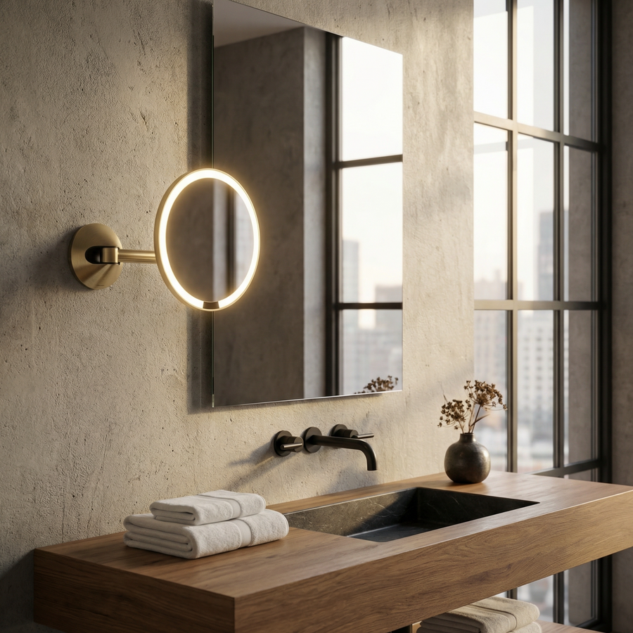 Simplehuman's Sensor Mirror Wall Mount in a modern, simple bathroom setting.