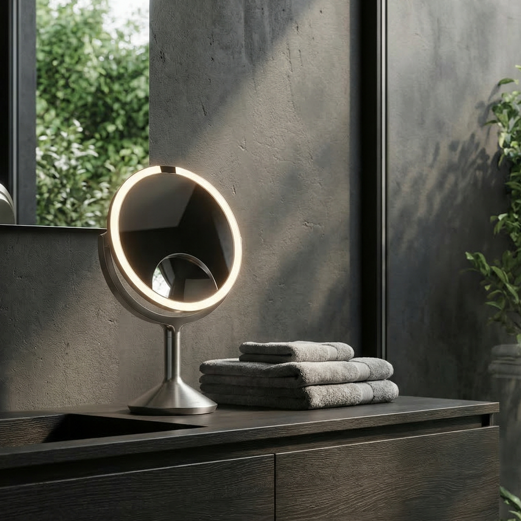 Simplehuman's Sensor Mirror Trio Max in Brushed in a darker-themed, modern bathroom setting. 
