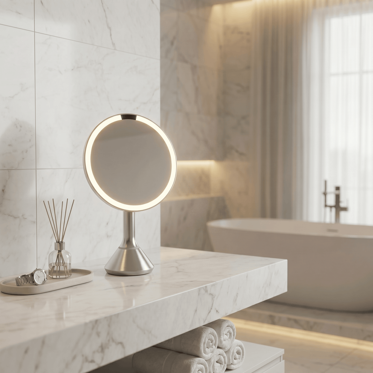 Simplehuman's Sensor Mirror Round in brushed in a modern, bright bathroom setting.