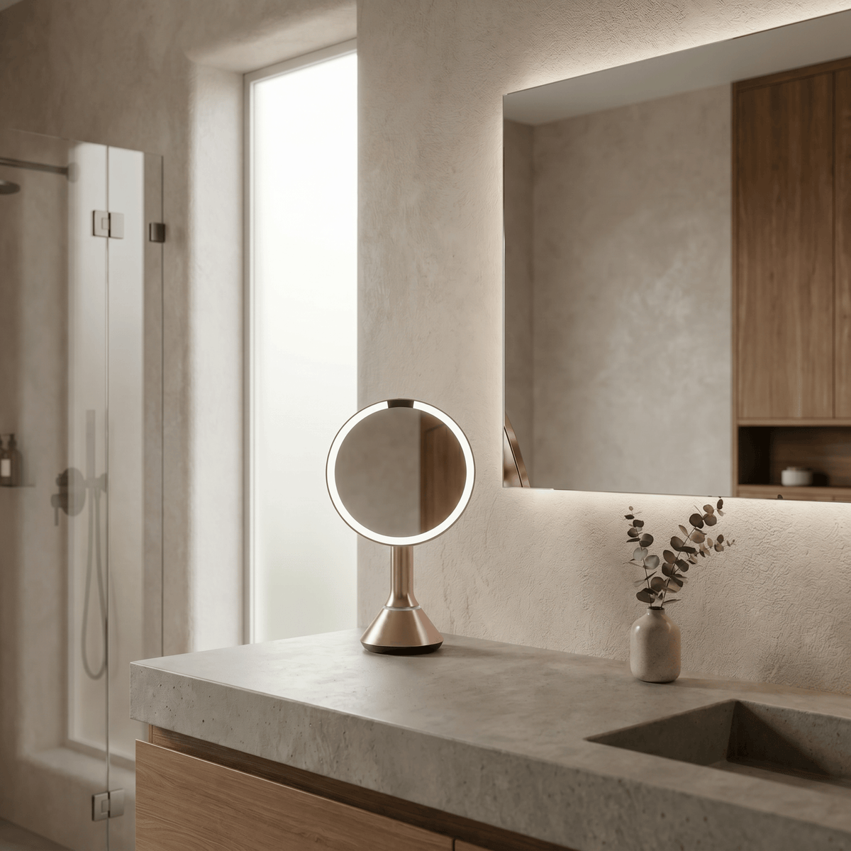 Simplehuman's Sensor Mirror Round in Rose Gold in a modern bathroom setting