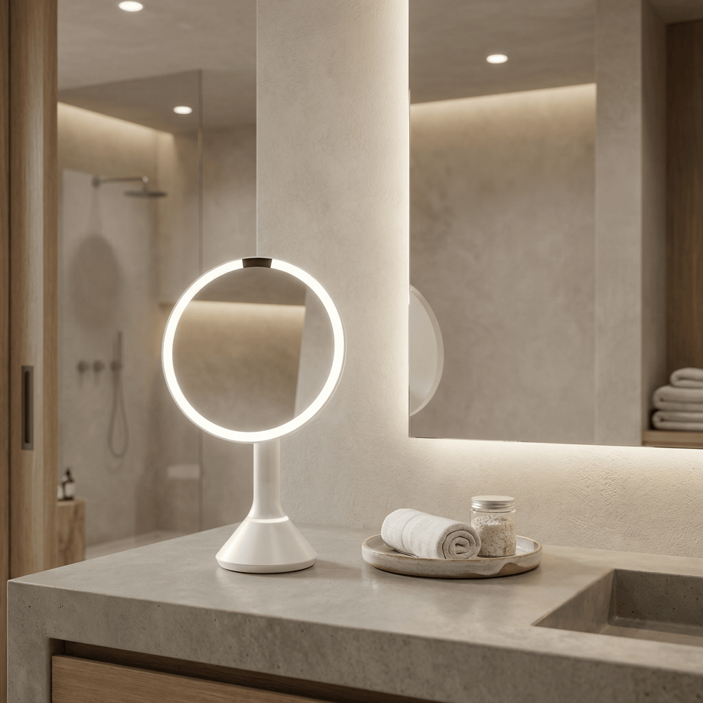 Simplehuman's Sensor Mirror Round in White in a modern bathroom setting.