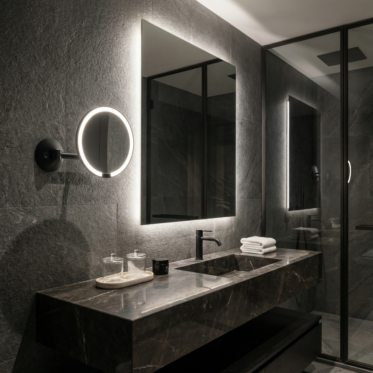 Simplehuman's Sensor Mirror Wall Mount in a darker, sleek bathroom setting.