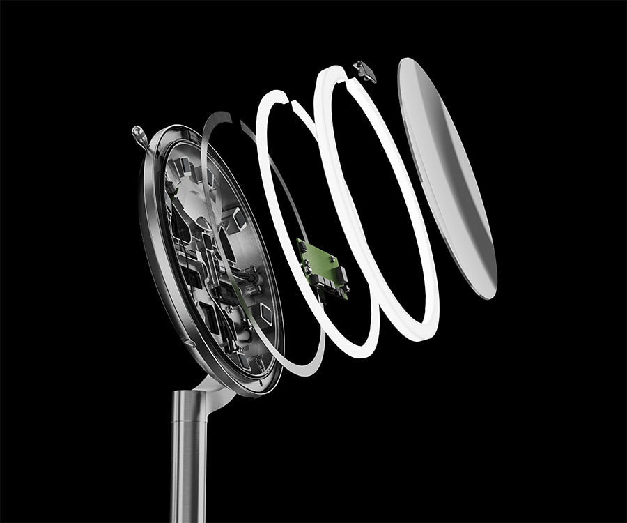 Simplehuman's Sensor Mirror Trio in Brushed showcasing the layers within the mirror and the tru-lux technology. 