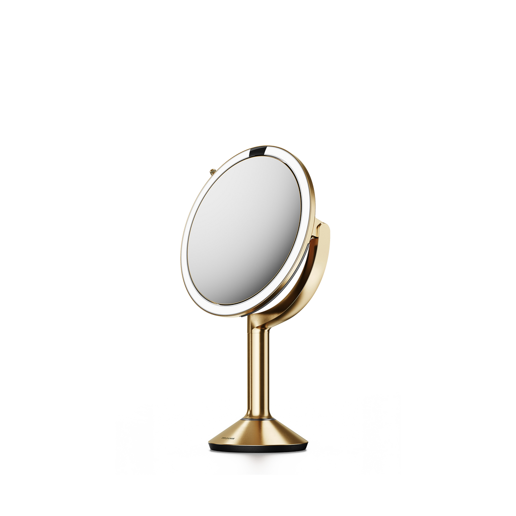 Simplehuman's Sensor Mirror Trio in Brass, side view. 