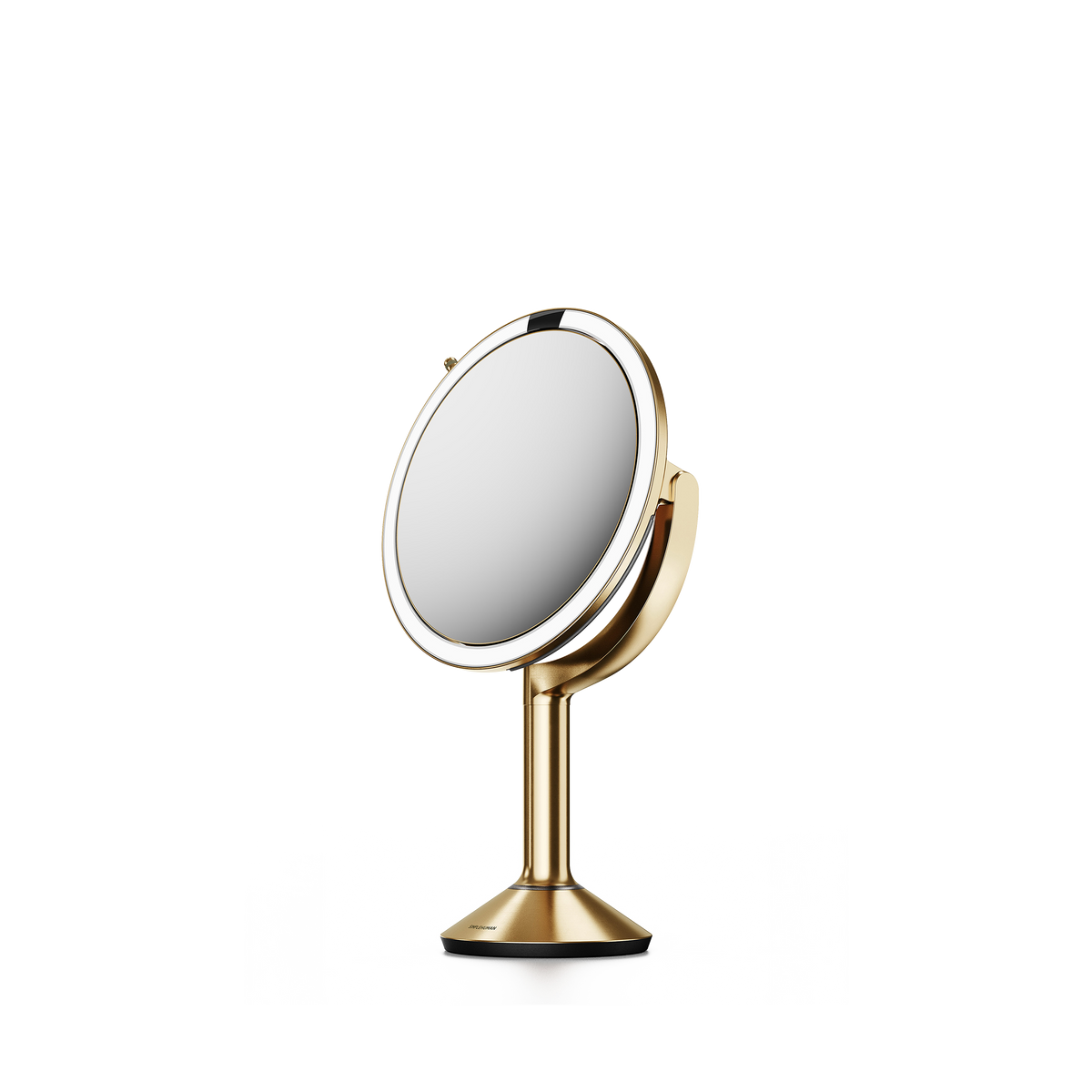 Simplehuman's Sensor Mirror Trio in Brass, side view. 