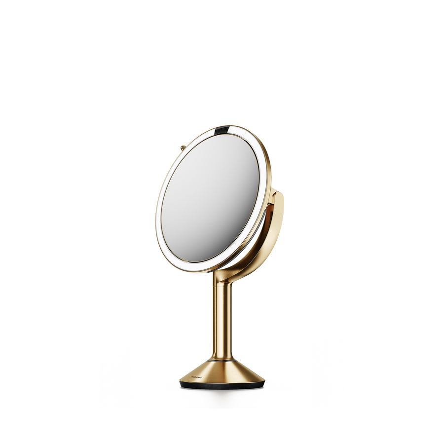 Simplehuman's Sensor Mirror Trio in Brass, side view. 