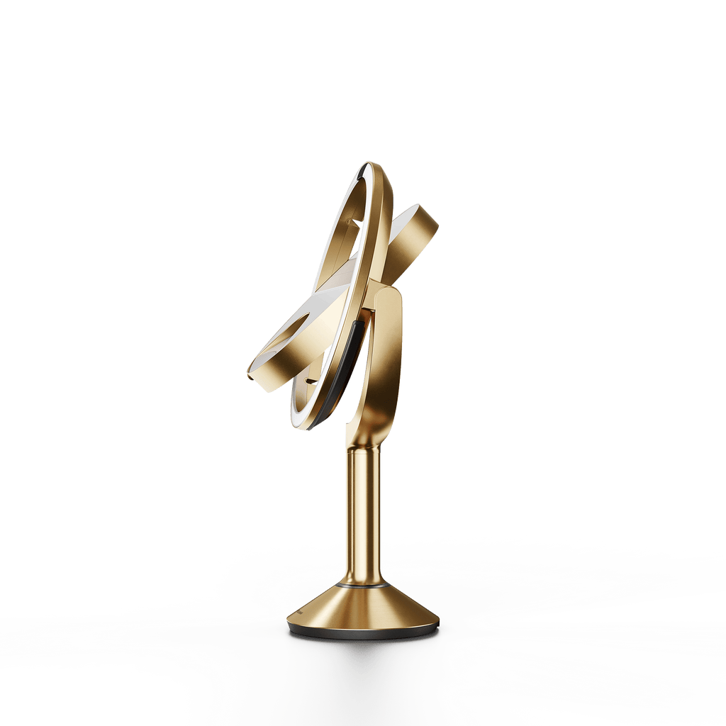 Simplehuman's Sensor Mirror Trio in Brass, flipping angle. 
