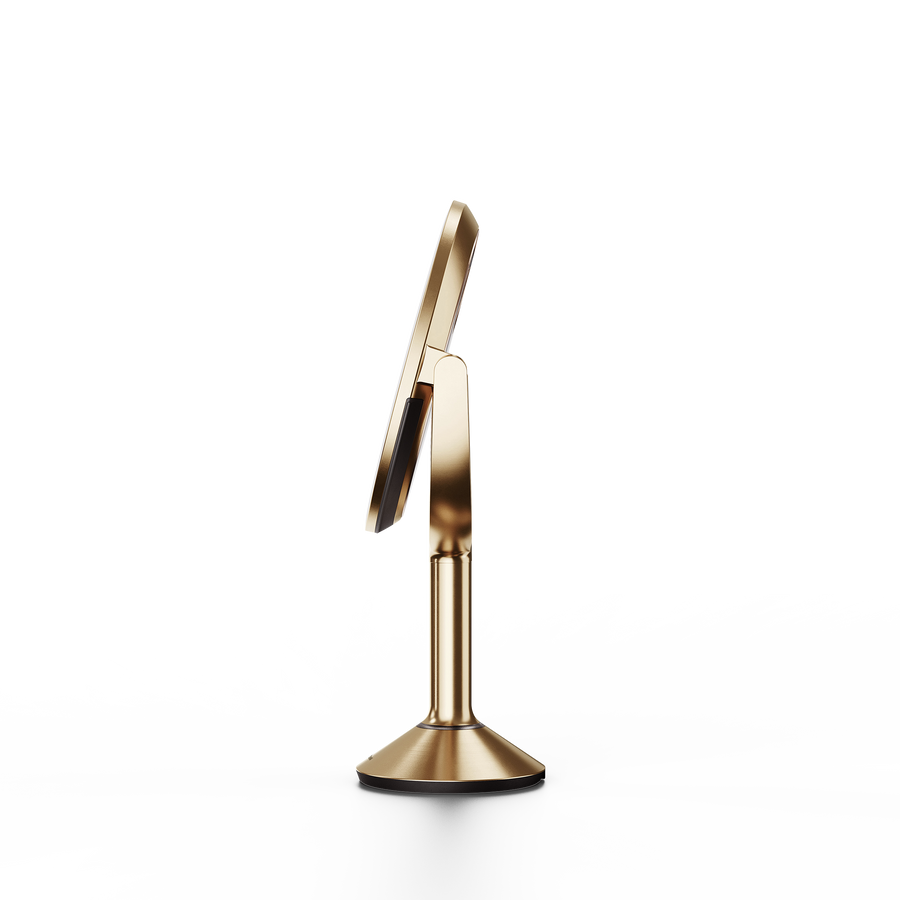 Simplehuman's Sensor Mirror Trio in Brass, side view. 