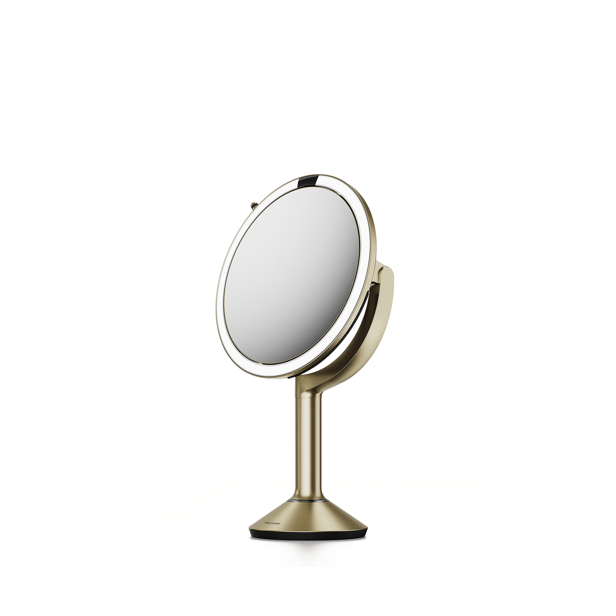 Simplehuman's Sensor Mirror Trio in Matte Gold, side view. 