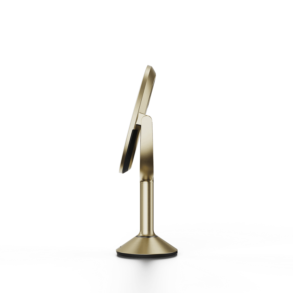 Simplehuman's Sensor Mirror Trio in Matte Gold, side view. 