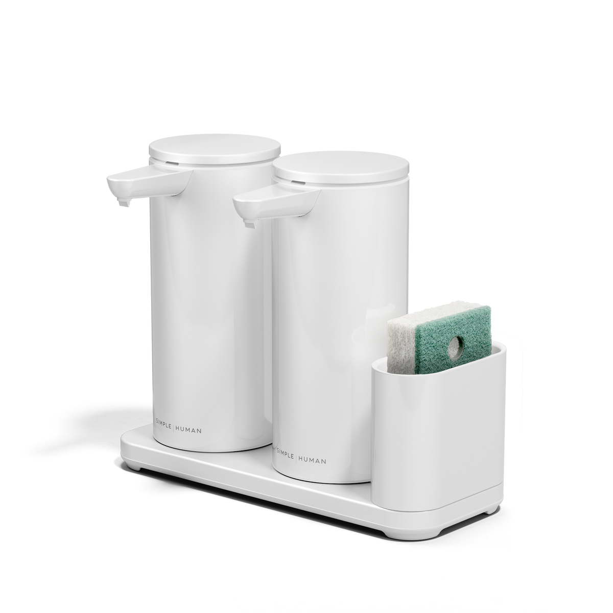Angled view: Simplehuman White Dual Sensor Pump 14 oz. with Caddy, rechargeable and twin touch-free dispensers.
