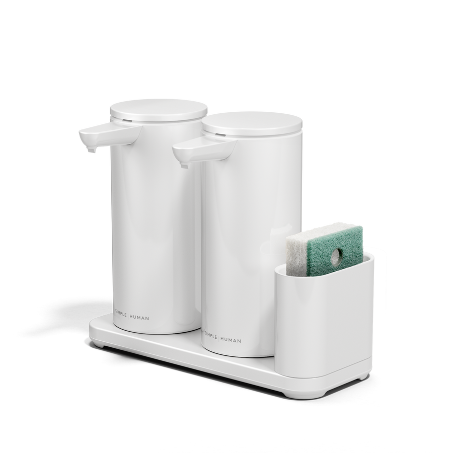 Angled view: Simplehuman White Dual Sensor Pump 14 oz. with Caddy, rechargeable and twin touch-free dispensers.