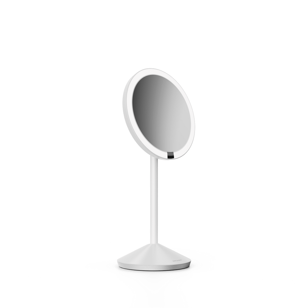 Simplehuman's Sensor Mirror Fold in White, angled view.